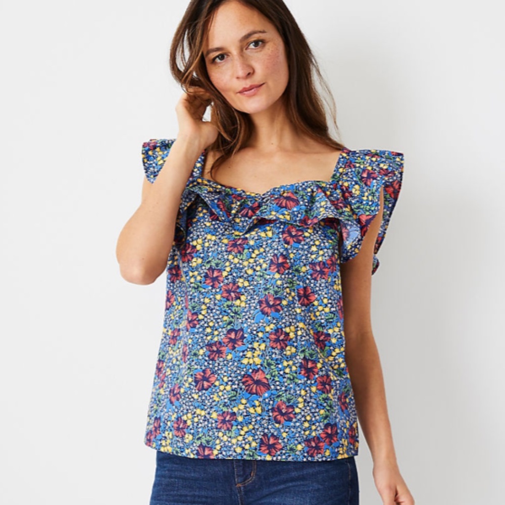 Ann Taylor Square Neck Top in Blue Red Yellow Floral Print with Ruffles